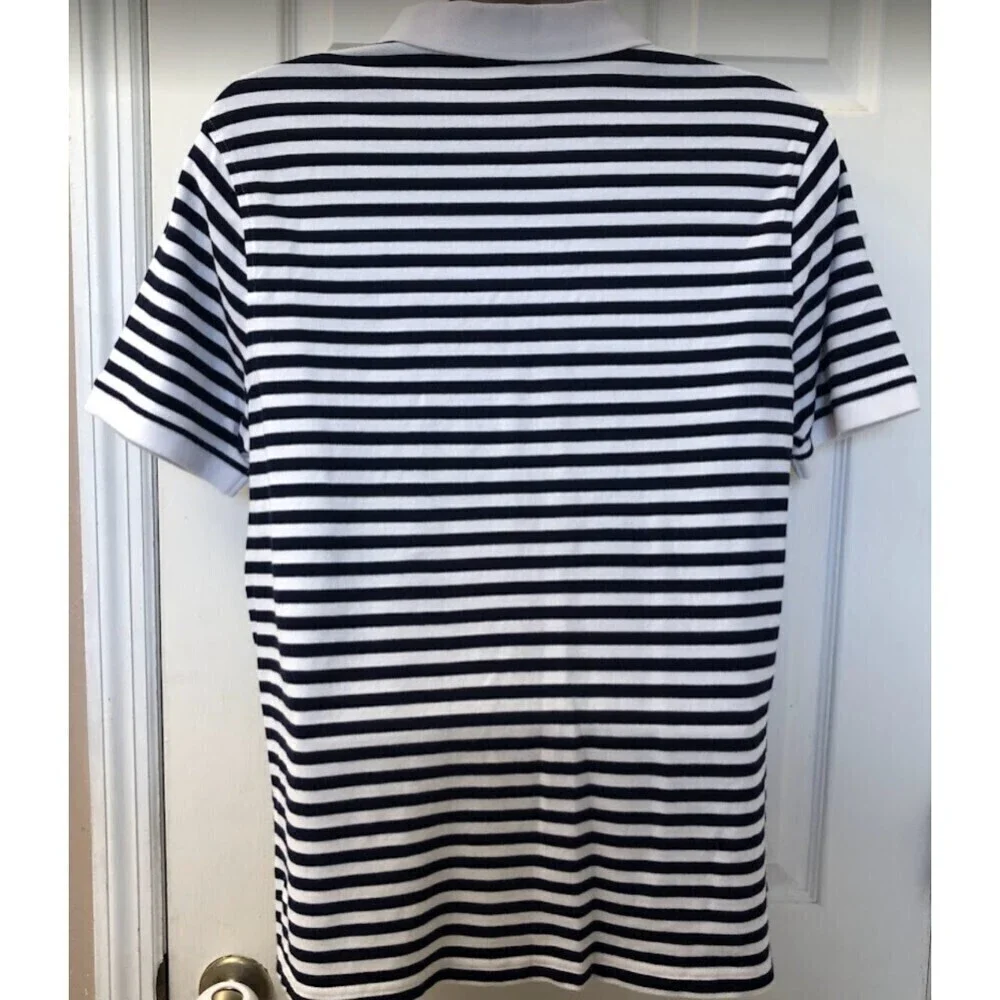 J Crew Authentic Men's Navy Blue Striped Polo Shirt Large Stretch Pique Knit